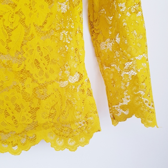 Yellow Lace & Black Faux that Leather Trim Scallop Hem Top - Picture 4 of 9
